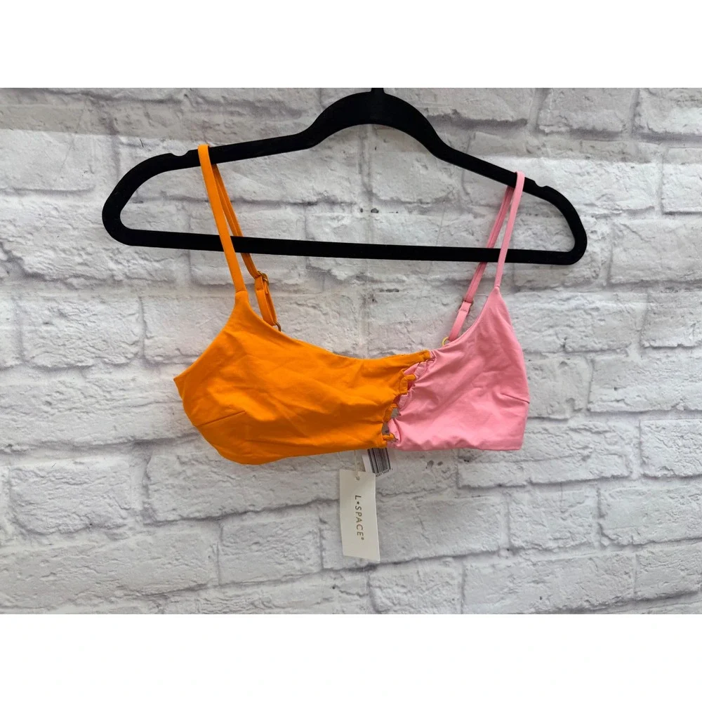 L*Space Solstice Bikini Top Orange Pink Colorblock Ruched Swim Sz S NWT's Beach